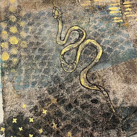 Abstract artwork with a snake-like shape on a textured background