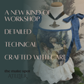 Mannequin with decorative apron and text about a new kind of workshop atelier