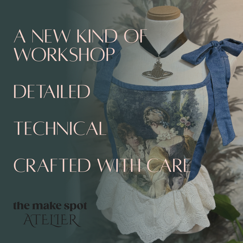 Mannequin with decorative apron and text about a new kind of workshop atelier
